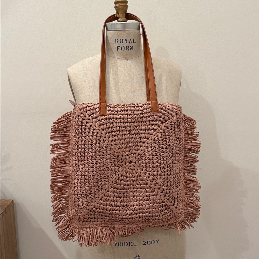 Boho Fringed Woven Tote Bag with Brown Handles